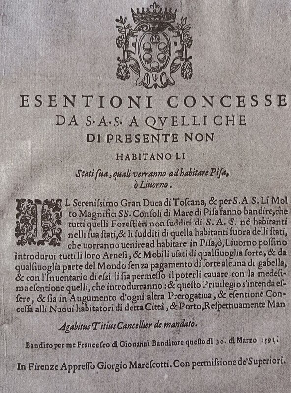 Esenzioni per attrarre forestieri a Livorno e Pisa (1603)